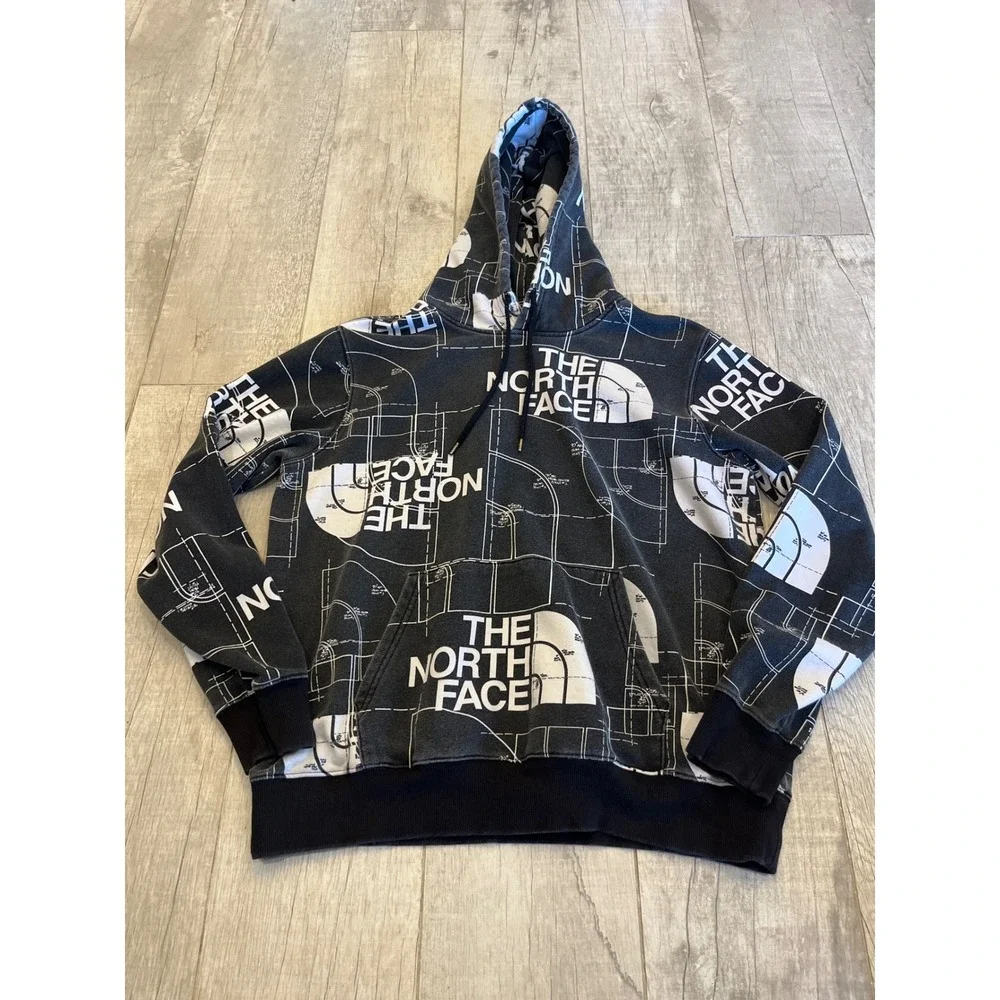 The North Face Mens Blueprint Logo All Over Print‎ Hoodie Black White Large